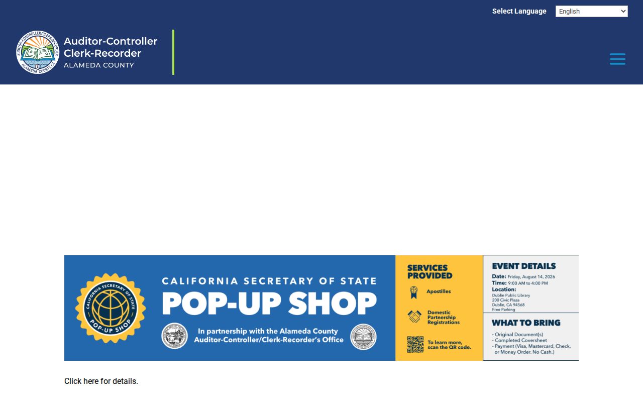 Alameda County residents directory Clerk-Recorder service gateway