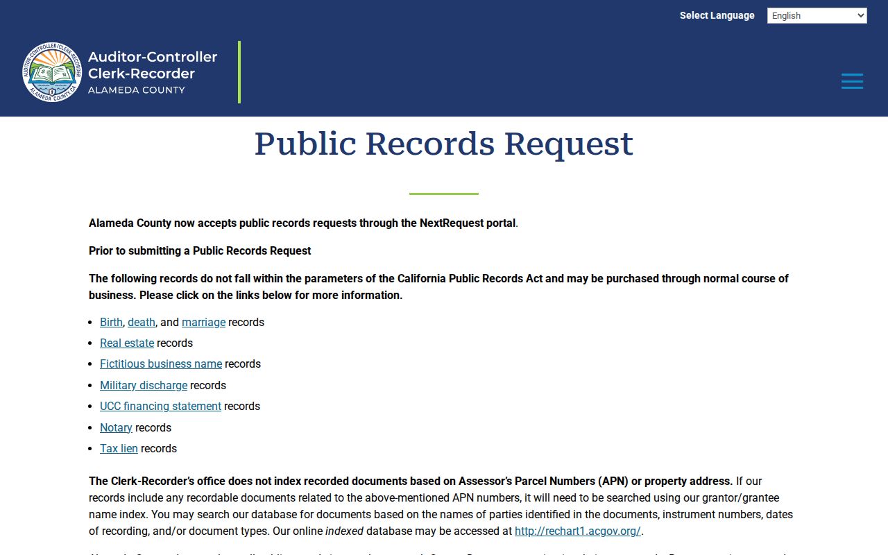 Alameda County previous residents public records request portal