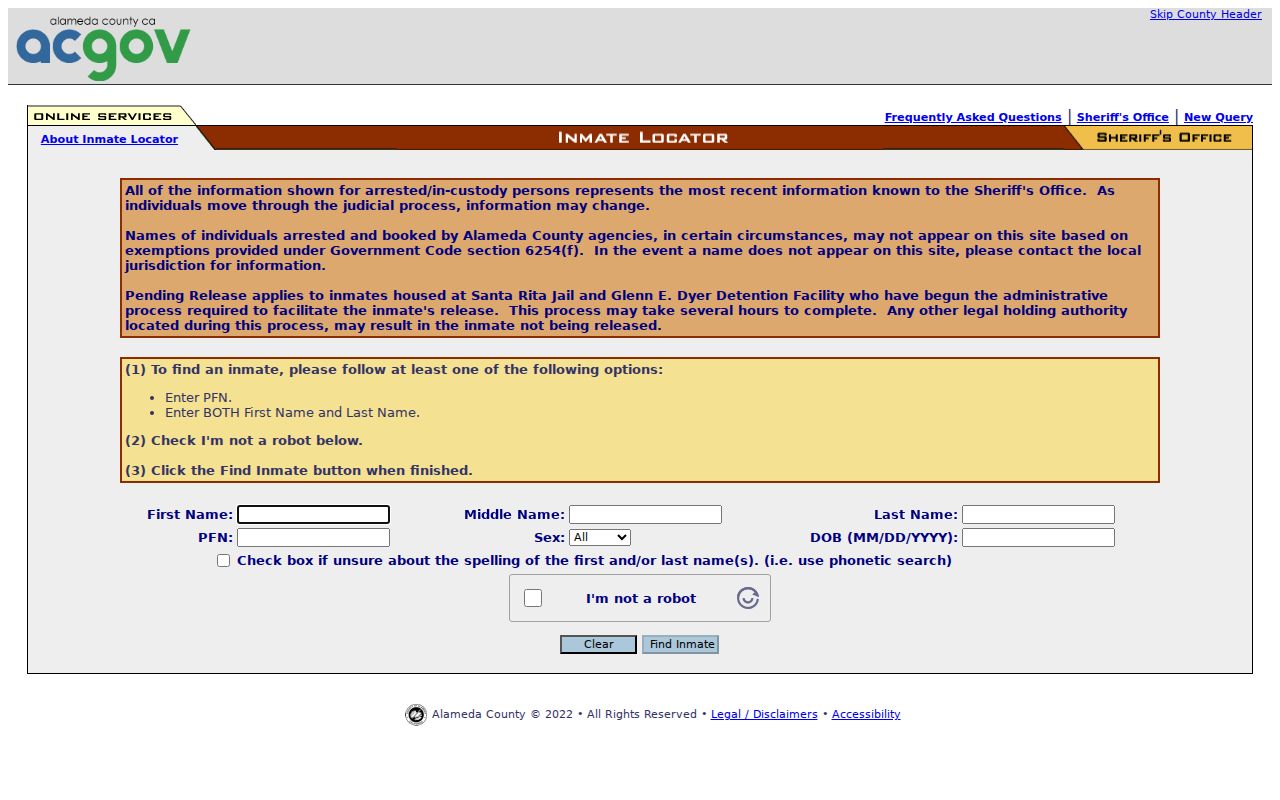 Alameda County resident lookup sheriff inmate locator